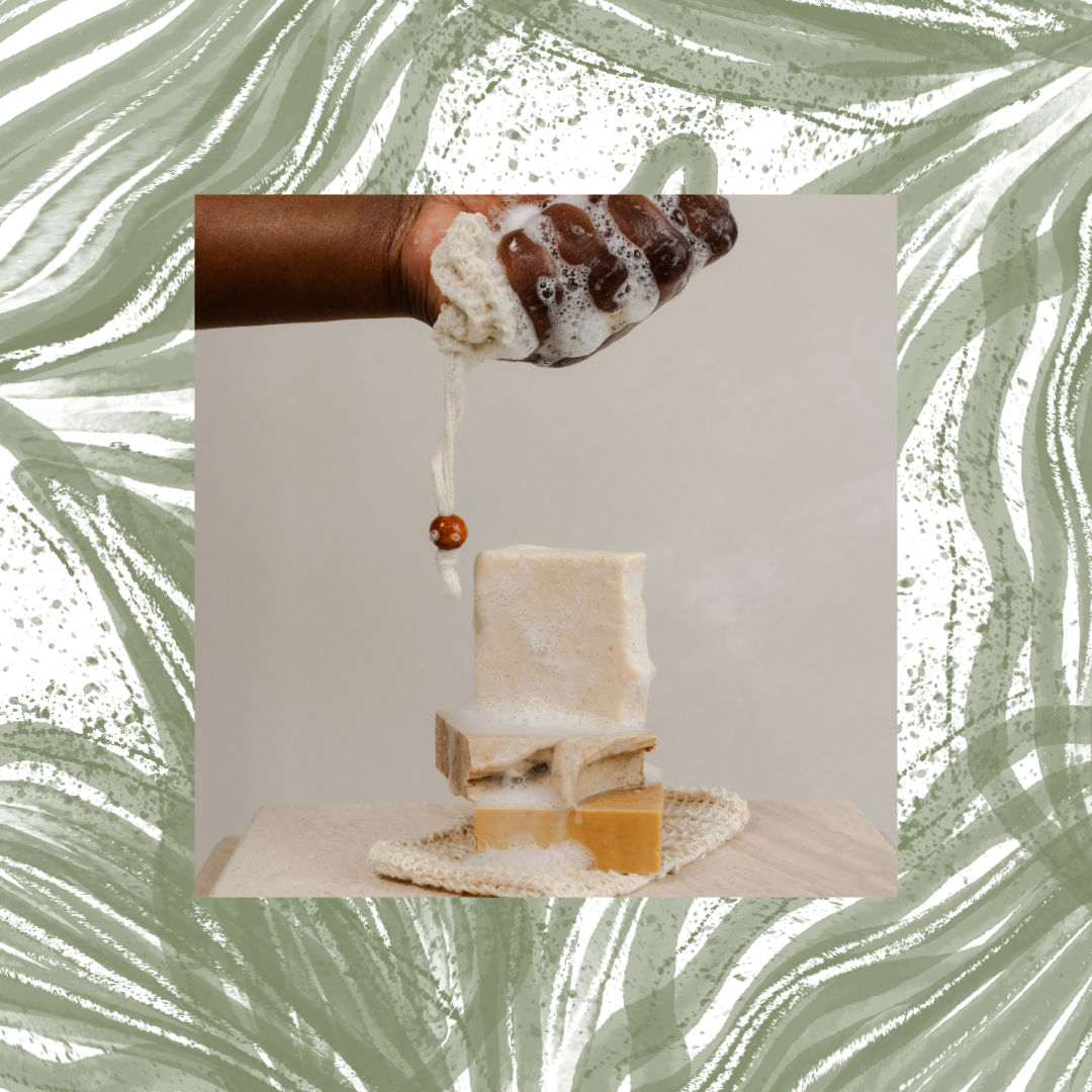 Bar of soap on a white background with a textured green border